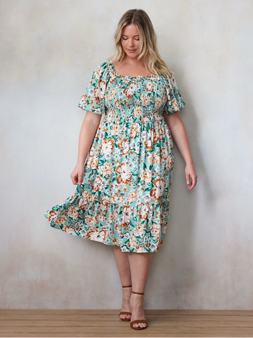 LC Lauren Conrad Balloon Sleeve Smocked Midi Dress Floral Teal Green Orange XL